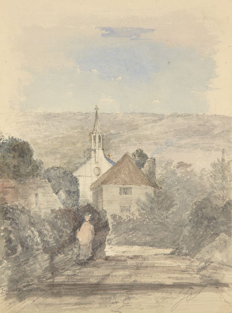 British School, early-mid 19th century- Figure on a country lane with a church and A rural