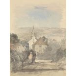 British School, early-mid 19th century- Figure on a country lane with a church and A rural