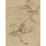 William Edward Frost RA, British 1810-1877- Figures from Antiquity in a bed chamber; pen and brown