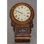 A mahogany and inlaid drop dial wall clock, the painted dial with roman numeral chapter ring, with