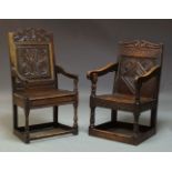 A 17th Century style oak Wainscot armchair, 20th Century, with shaped crest above floral carved