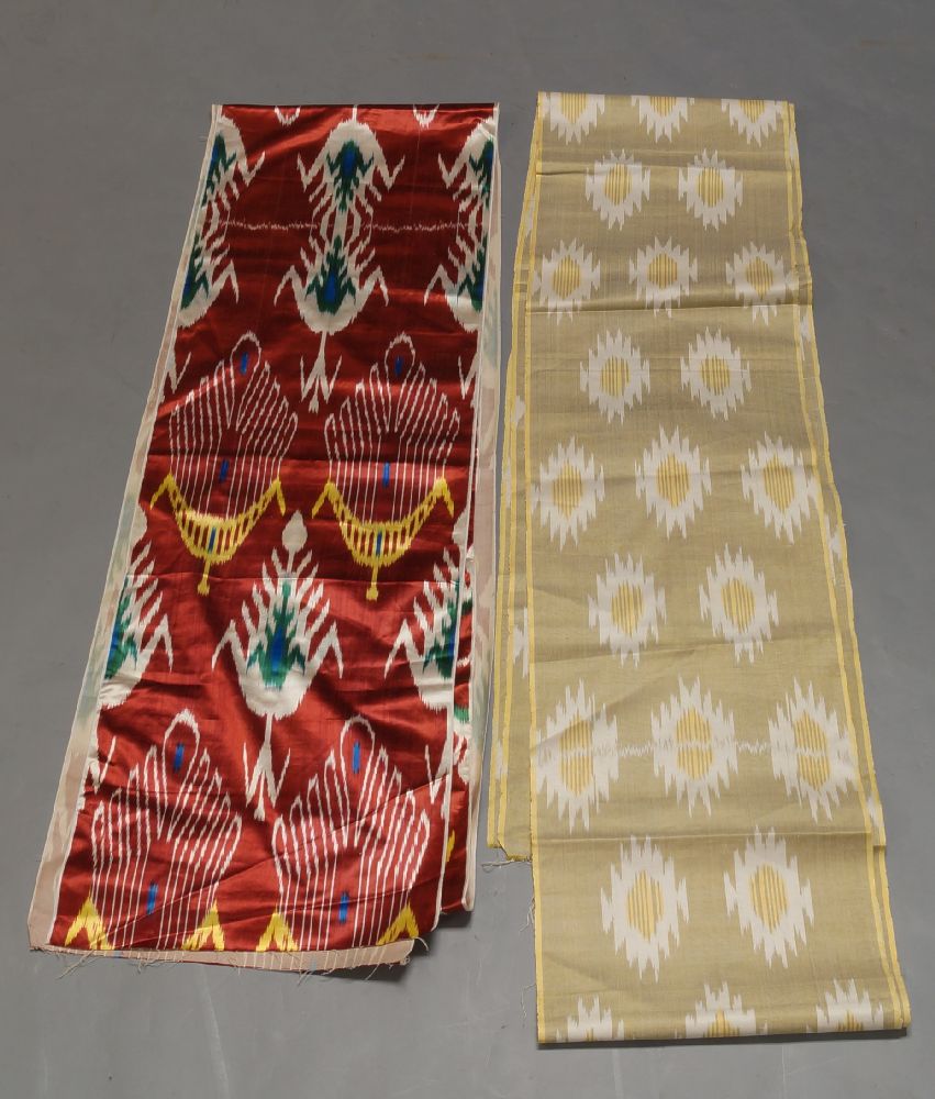 A section of silk cloth of Ikat design, 20th century, dyed with white hooked designs with green - Image 2 of 2