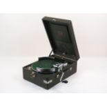 An HMV model 102 wind-up portable table top gramophone, with HMV no. 5A soundbox and wind-up handle,