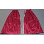 A pair of dark fuschia curtains, 168cm highx approx.76cm wide, together with a set of eight cream