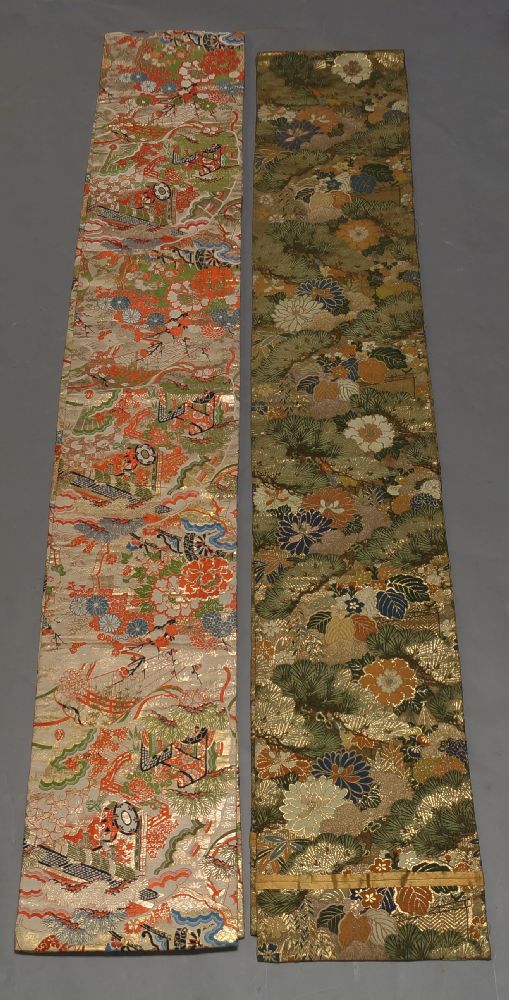 Two Japanese silk obi, 20th century, the long rectangular strips decorated with chrysanthemums and