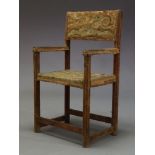 A stump work armchair, 17th century and later, with floral stump work panel back and seat, with