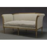 A Louis XVI style grey painted and parcel gilt canape, 20th upholstered in cream damask pattern