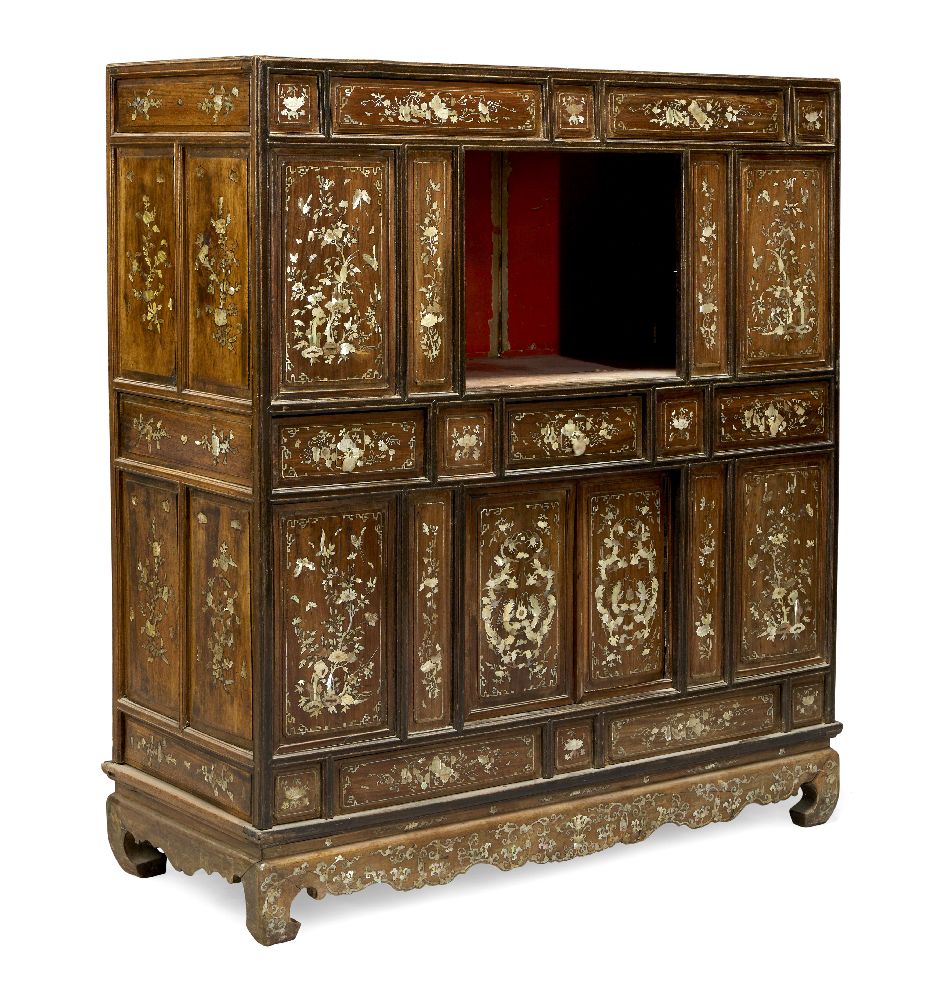 A Chinese mother of pearl inlaid cabinet, 19th century, with arrangement of drawers and cabinet - Image 2 of 2