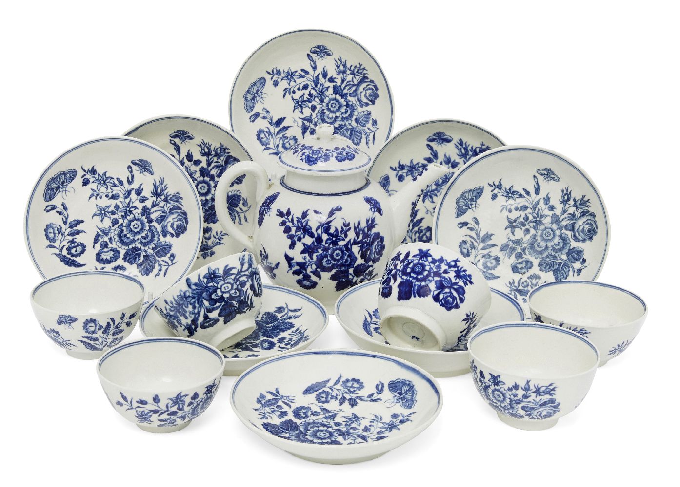 A collection of Worcester blue and white printed porcelain tea wares, circa. 1751-1780, each printed