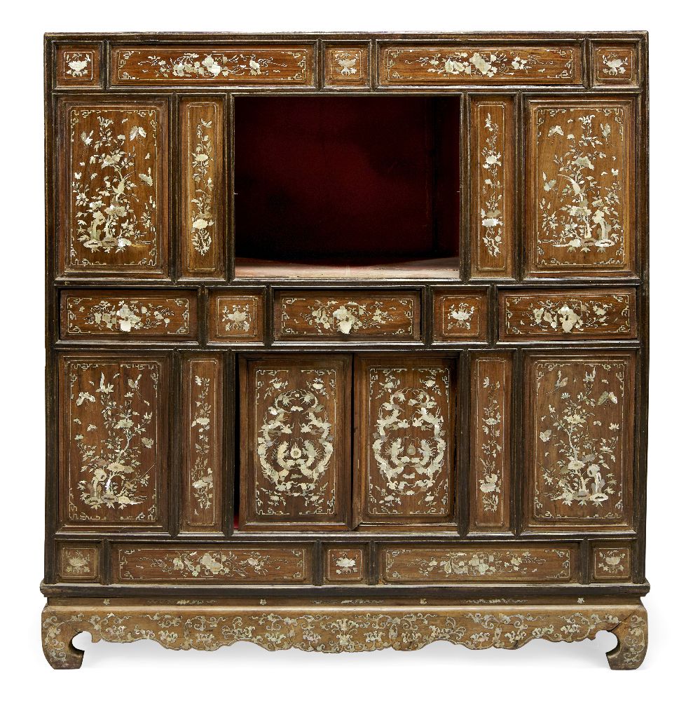 A Chinese mother of pearl inlaid cabinet, 19th century, with arrangement of drawers and cabinet