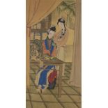 A large early 20th Century Chinese painting on silk depicting two ladies in an enclosed parlour