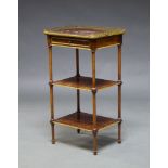 A French mahogany and gilt metal mounted three tier étagère, late 19th Century, the rectangular