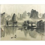20th Century Chinese school, a fisherman in a river landscape, ink on paper, framed, signed with two