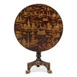 A Chinoiserie lacquered and parcel gilt tilt top table, with birdcage action, 19th Century, the