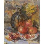 Attributed to Angel Pintado Sevilla, Spanish b.1955- Still life with fruit; oil on board, 27x22cm (