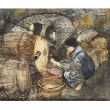 Denis Mathews, British 1913-1997- Wine is stored in another barrel, c. 1953; monotype finished in