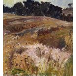 Fyffe Christie, British 1918-1979- Cornfield, 1969; oil on board, bears inscribed labels verso,