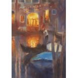 Cecil Rice, British b.1961- Man on gondola in a Venice canal; watercolour, signed in black ink, 73.