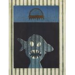 European School, mid-late 20th century- Man eating Shark; mixed technique with lithograph and