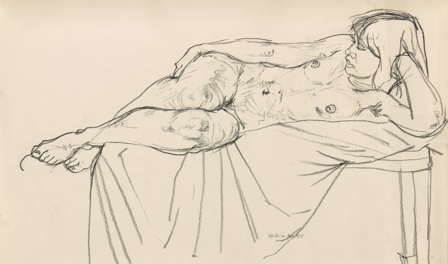 Fyffe Christie, British 1918-1979- Two reclining nude studies; black chalk on paper, signed and - Image 2 of 2