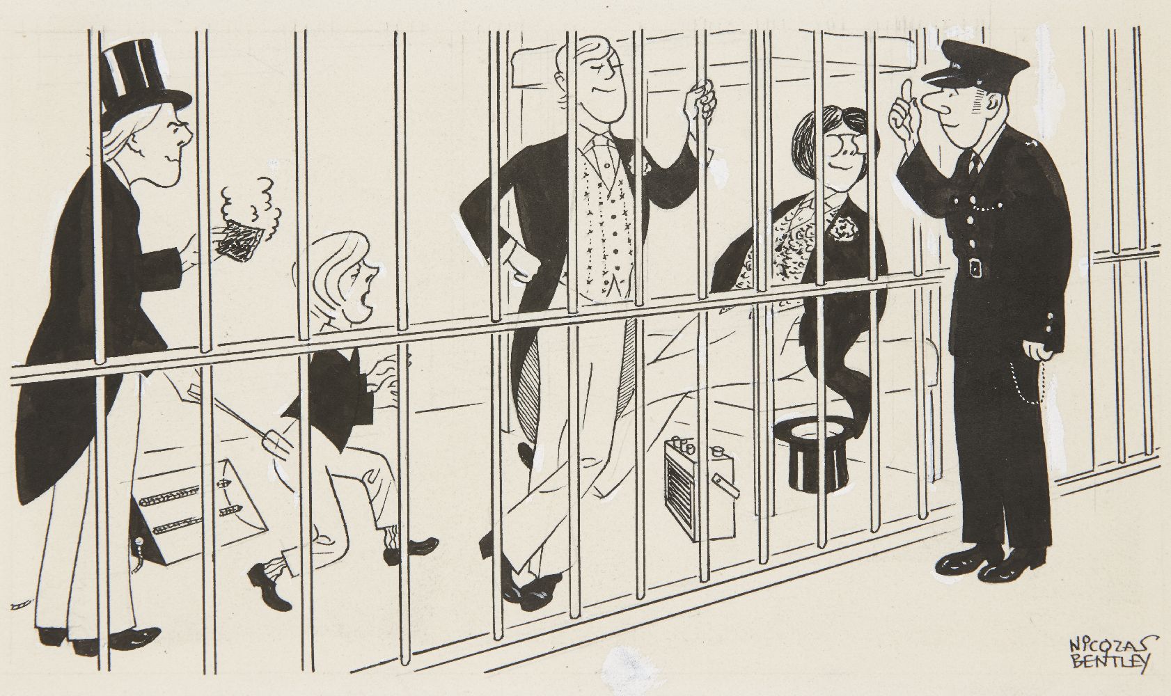 Nicolas Clerihew Bentley, British 1907-1978- Etonians in Prison; pen and brush and black ink,