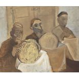 Scarlet, 20th century- Three workers having lunch; oil on canvas, signed, 84.5x99.5cmPlease refer to