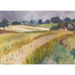 Fyffe Christie, British 1918-1979- Pink and green fields, Passingford, Essex, 1977; oil on board,