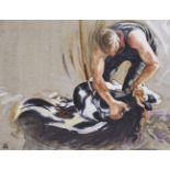 Anwen Roberts, Welsh b.1975- Shearing No.15; oil on canvas, signed, 36x47cm, (ARR)Please refer to