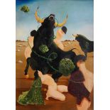 M Clay, mid-20th century- Surrealist composition of female nudes with bulls; oil on board, signed,