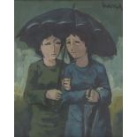European School, mid-20th century- Two figures under an umbrella; gouache on paper, indistinctly