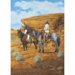 James Dann, British, mid-late 20th century- American cowboys and Native Americans on horseback; oils