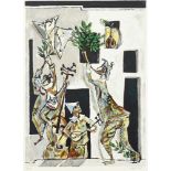 Israeli School, late 20th century- Three jesters; screenprint in colours, signed indistinctly and