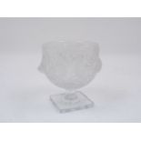 A Lalique pedestal vase, the frosted glass body decorated with birds and foliage, to a square