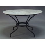 A modern marble top dining table, late 20th Century, with circular Carrera marble top on tubular