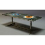 A tile and chromed coffee table, c.1960, inset with grey and polychrome tiles with abstract