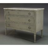 A Louis XVI style grey painted commode, second half 20th Century, with white Carrara marble top