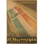 An 'A. BORNIGIA' motorsport poster, 'LE MIGLIORI MACCHINE DEL MONDO, LE AUTOMOBILI ITALIANE', E.