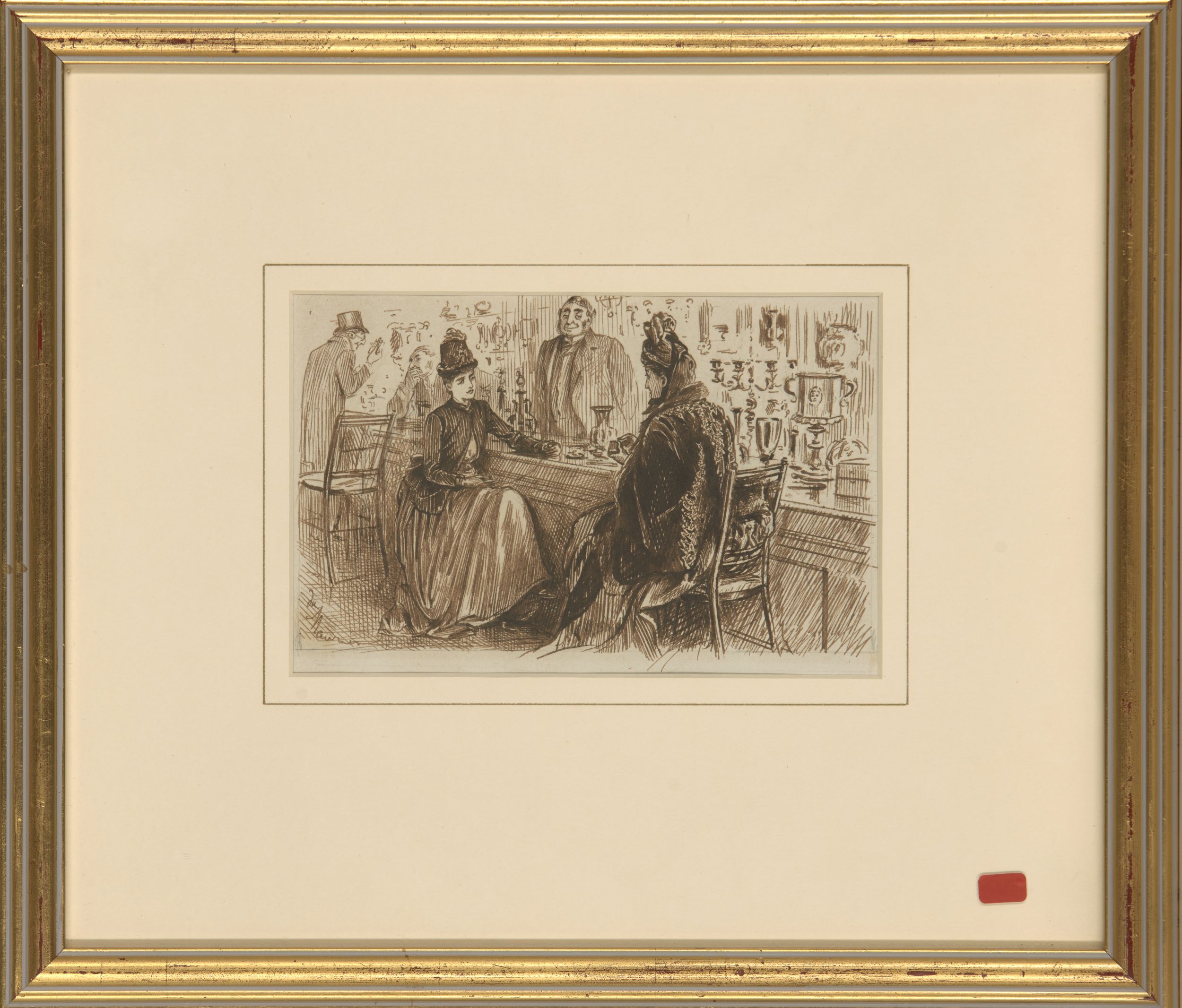 George du Maurier, French/British 1834-1896- Shopping; pen and brown ink, signed, 12x18.5cm - Image 2 of 3