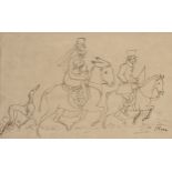 James Howe, Scottish 1780-1836- Couple on horseback with a dog; pen and brown ink, signed, 24x39.2cm