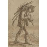 Thomas Barker of Bath, British 1769-1847- Rustic figure carrying wood, c.1813; pen and black ink and