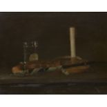 French School, early 19th century- Still life of a chamber stick, a meerschaum pipe, a book and a
