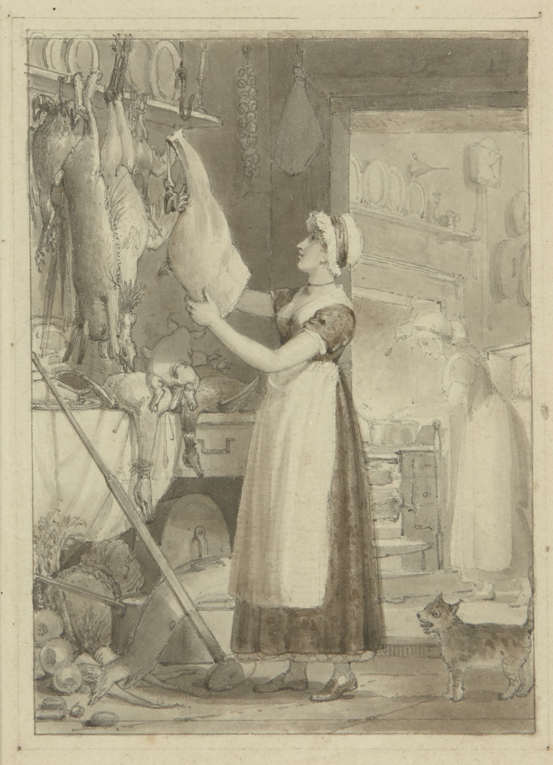 British School, early 19th century- Servants in a pantry and scullery/game room; pen and grey ink