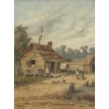 William Aiken Walker, American 1839-1921- A cabin scene with children and chickens; oil on board,