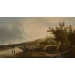 Attributed to Leslie E B Smythe, British act 1863-1867- Boatman on a tranquil river shore; oil on