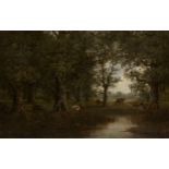 M Kaufman, mid-late 19th century- Cows and horses grazing in wooded landscape; oil on canvas,