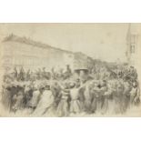 Franz Teichel, German b.1861- Procession of Alexander II; pencil, ink and wash, heightened with