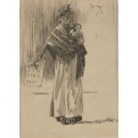 Phil May, British 1864-1903- The vendor; pen and black ink, signed and dated 1897, 18x13cm., (
