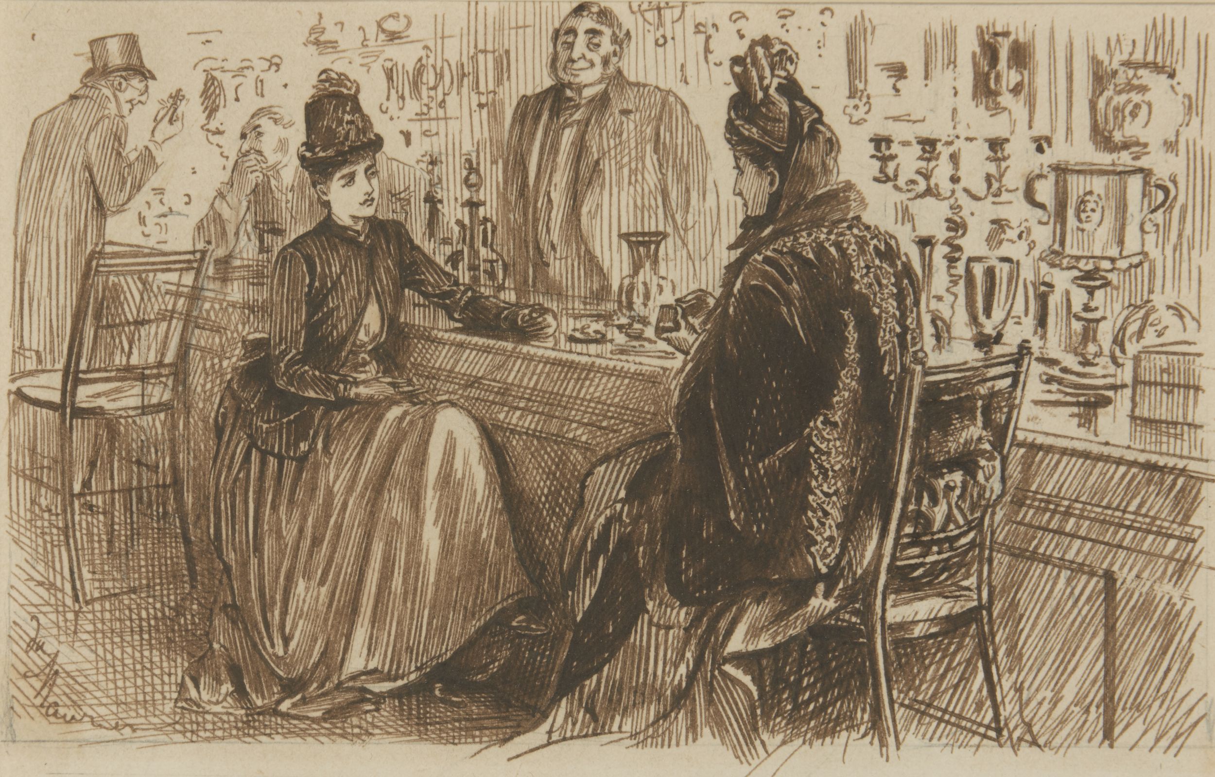 George du Maurier, French/British 1834-1896- Shopping; pen and brown ink, signed, 12x18.5cm