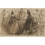 George du Maurier, French/British 1834-1896- Shopping; pen and brown ink, signed, 12x18.5cm