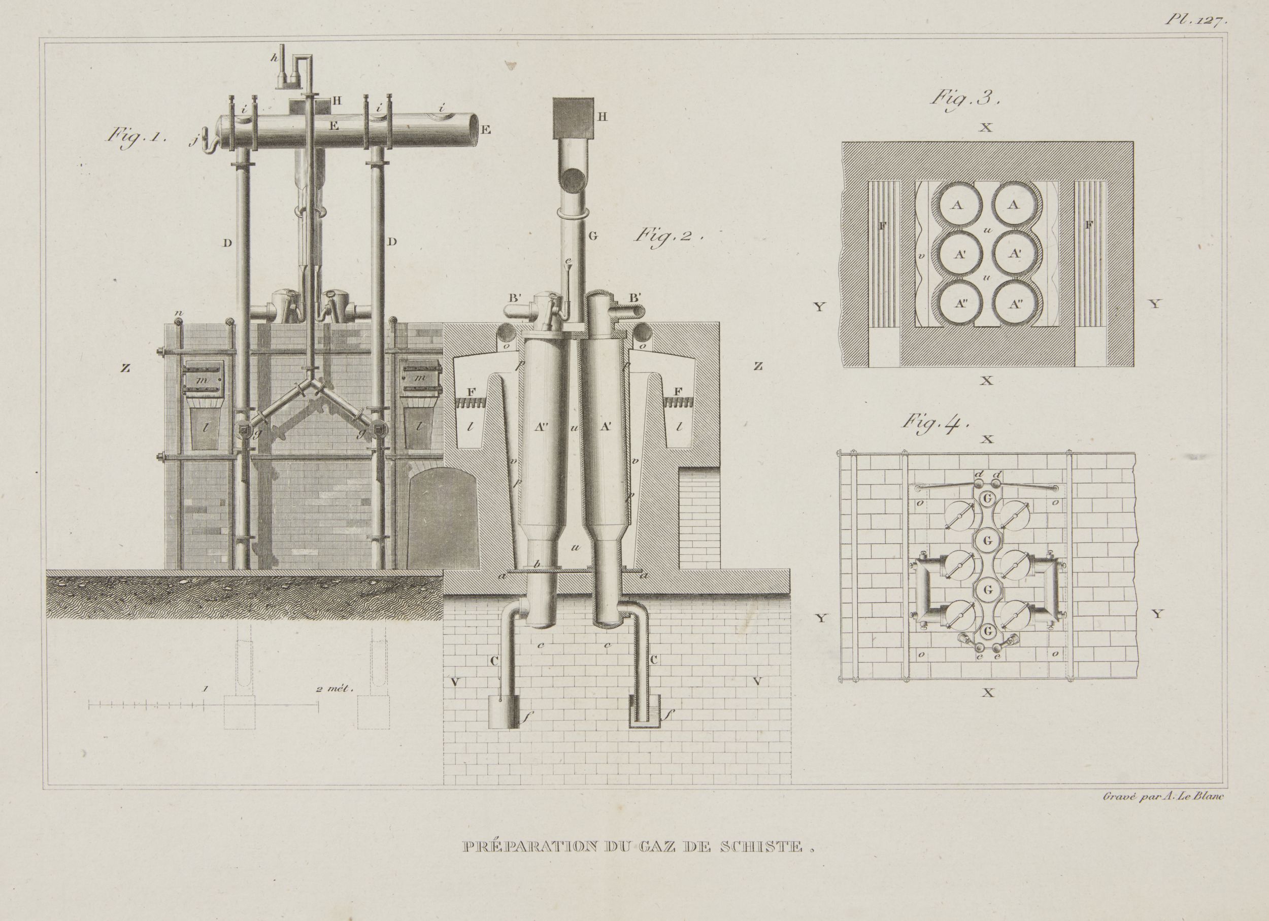 A le Blanc, French act.1819- Preparation du Gaz de Schiiste; copper engraving, 23.5x32cm: together
